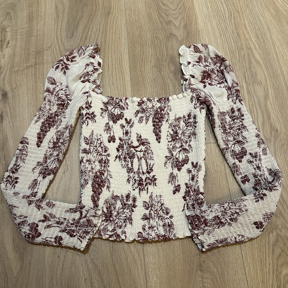 Reformation Elisabetta Floral‎ Square Neck Long Puff Sleeve Top Sz XS Smocked